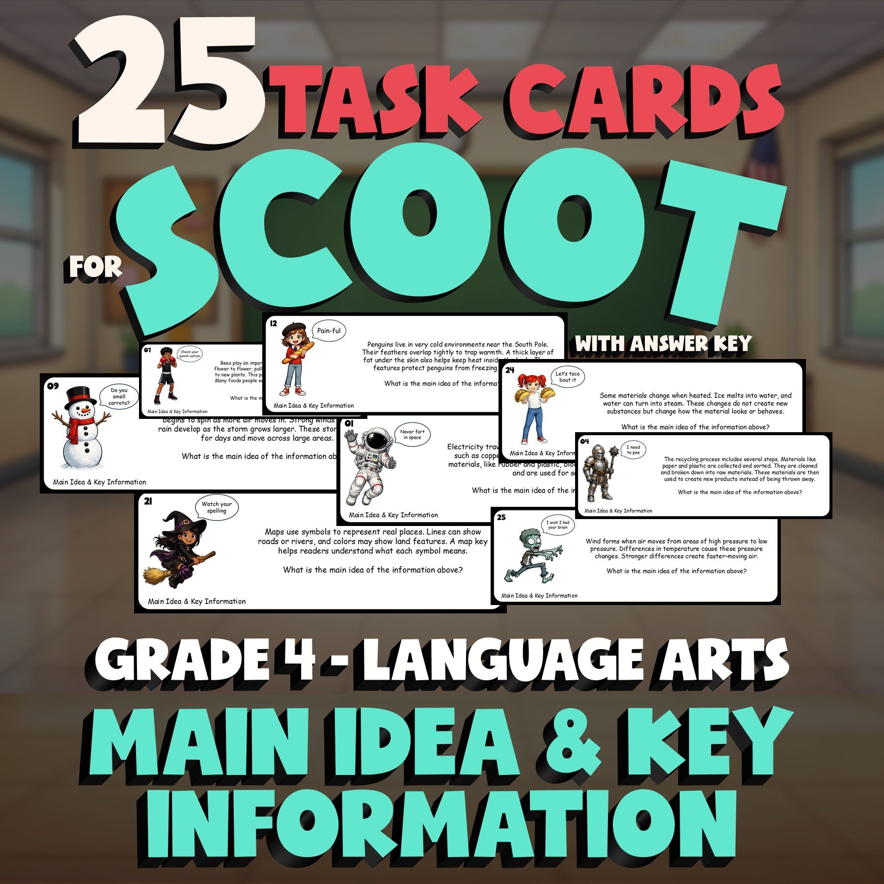 Main Idea & Key Information SCOOT TASK CARDS ELA Game - No Prep Grade 4 Review