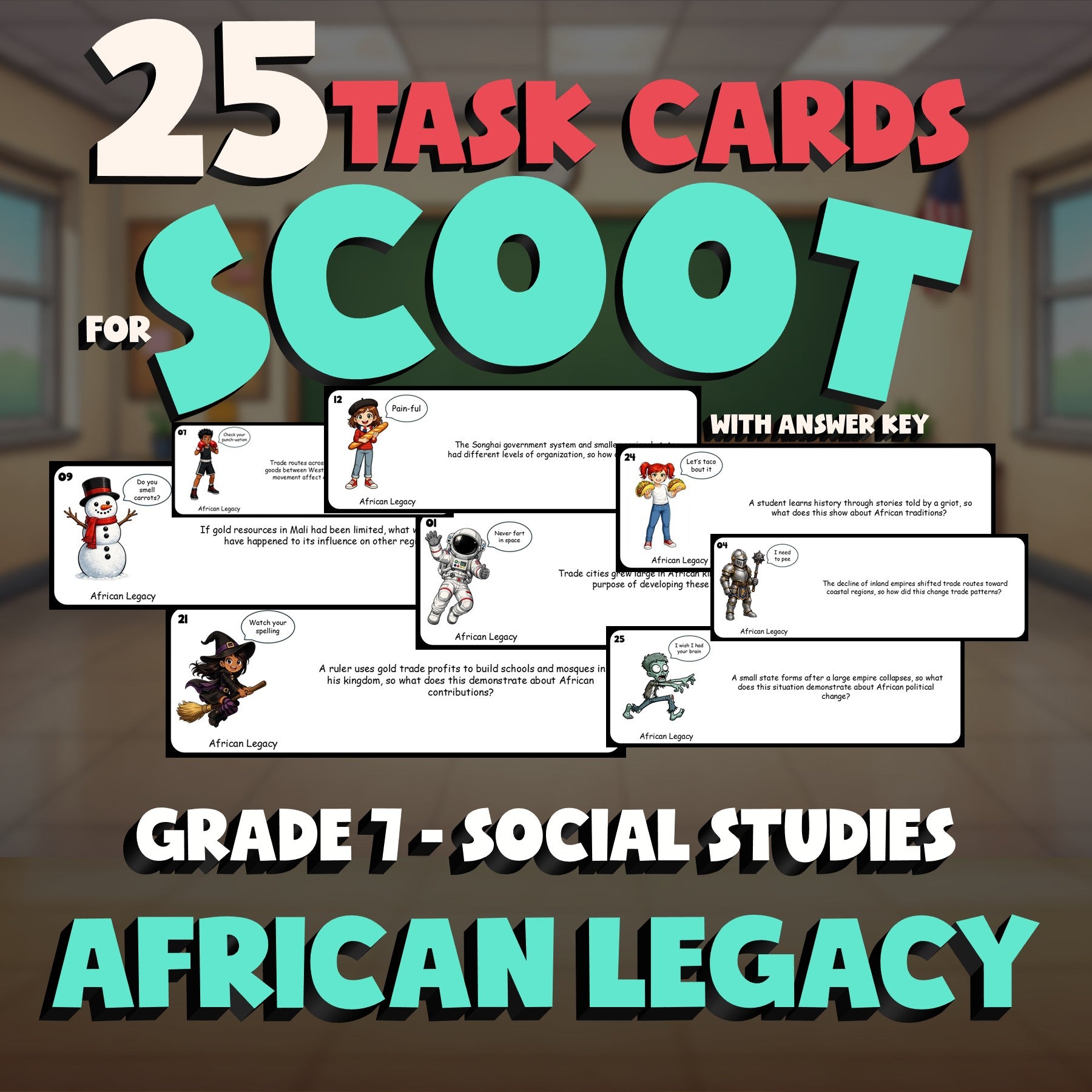 African Legacy SCOOT TASK CARDS Socials Game - No Prep Grade 7 Review Activity