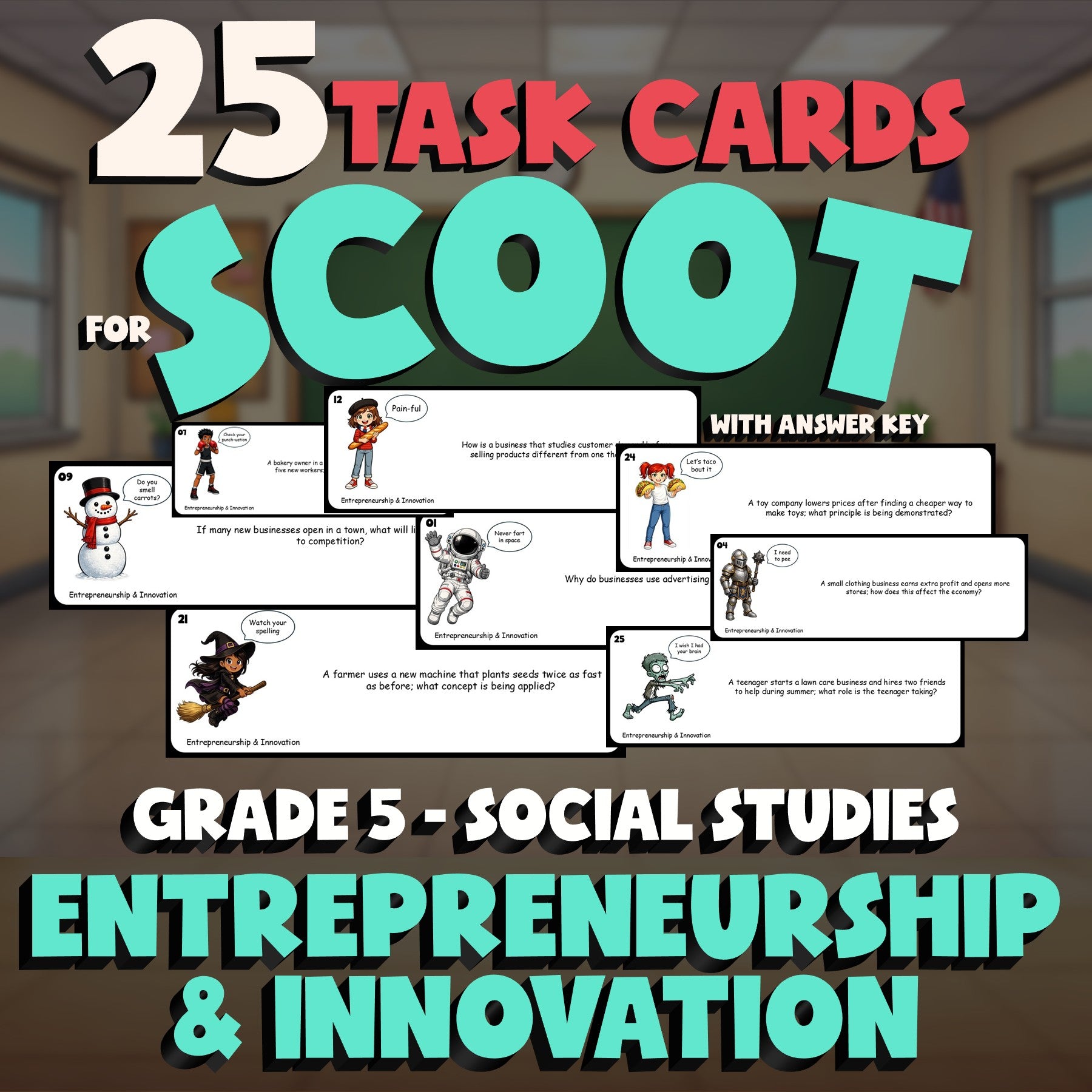 Entrepreneurship & Innovation SCOOT TASK CARDS Socials Game - No Prep Grade 5
