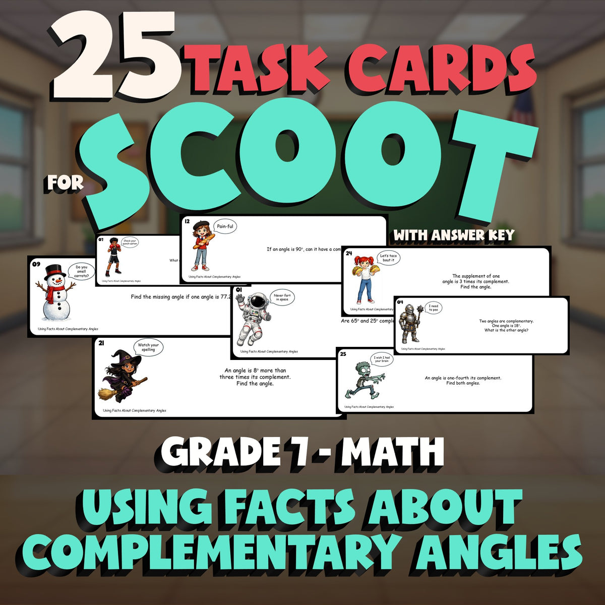 Using Facts About Complementary Angles SCOOT TASK CARDS Math Game - Grade 7
