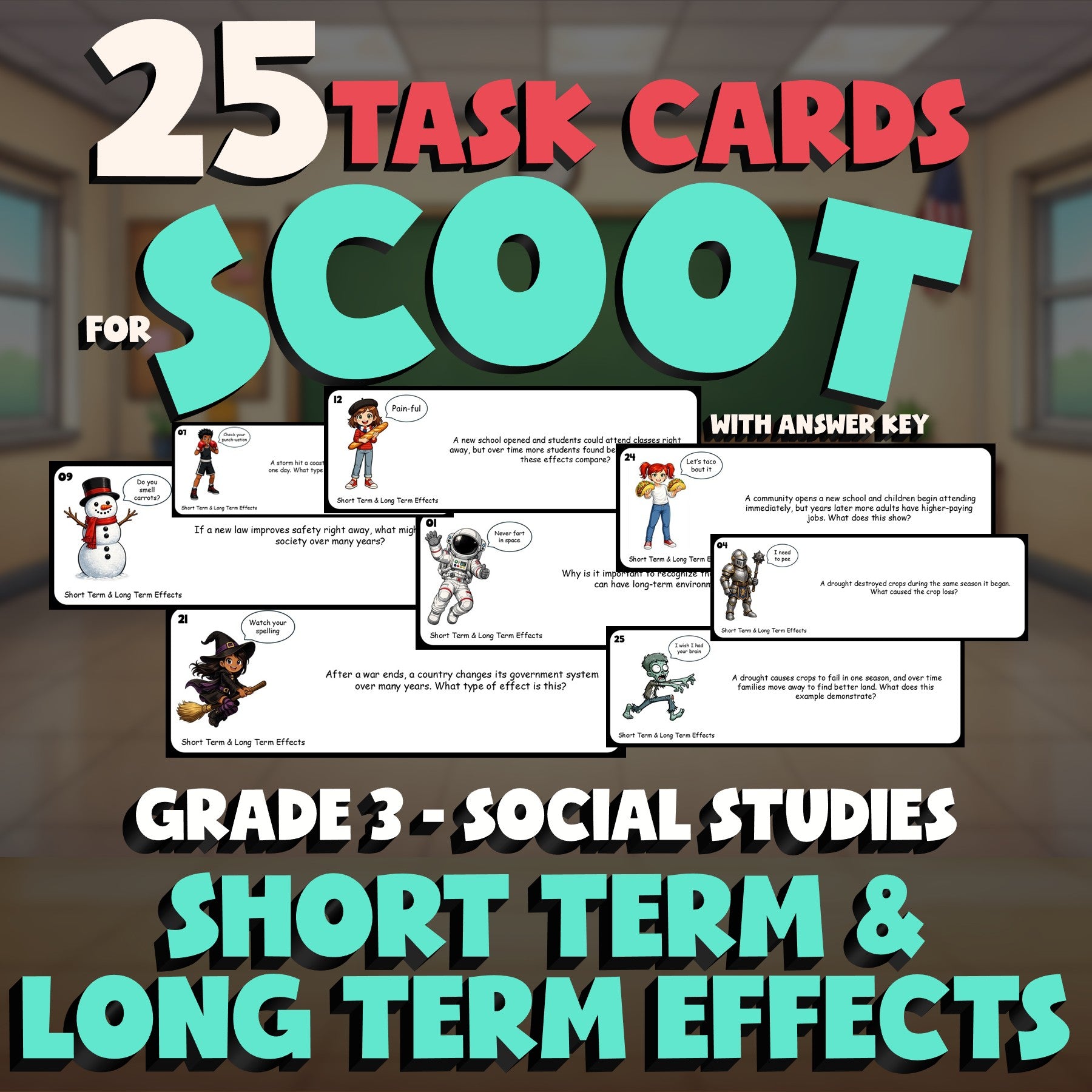 Short Term & Long Term Effects SCOOT TASK CARDS Socials Game - No Prep Grade 3