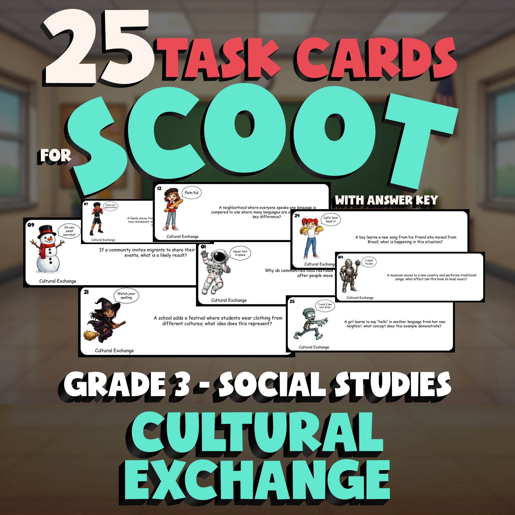 Cultural Exchange SCOOT TASK CARDS Socials Game - No Prep Grade 3 Review