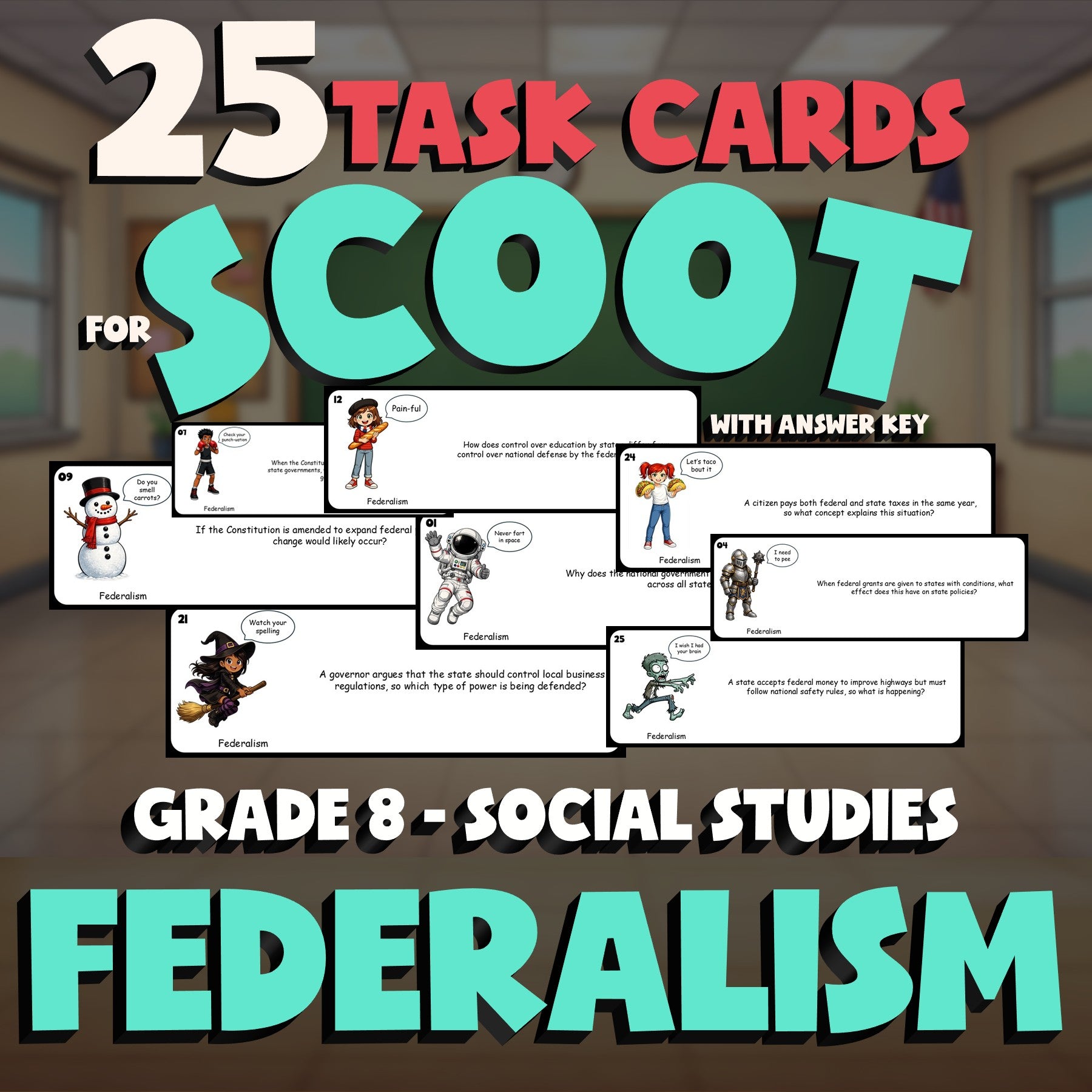 Federalism SCOOT TASK CARDS Socials Game - No Prep Grade 8 Review Activity