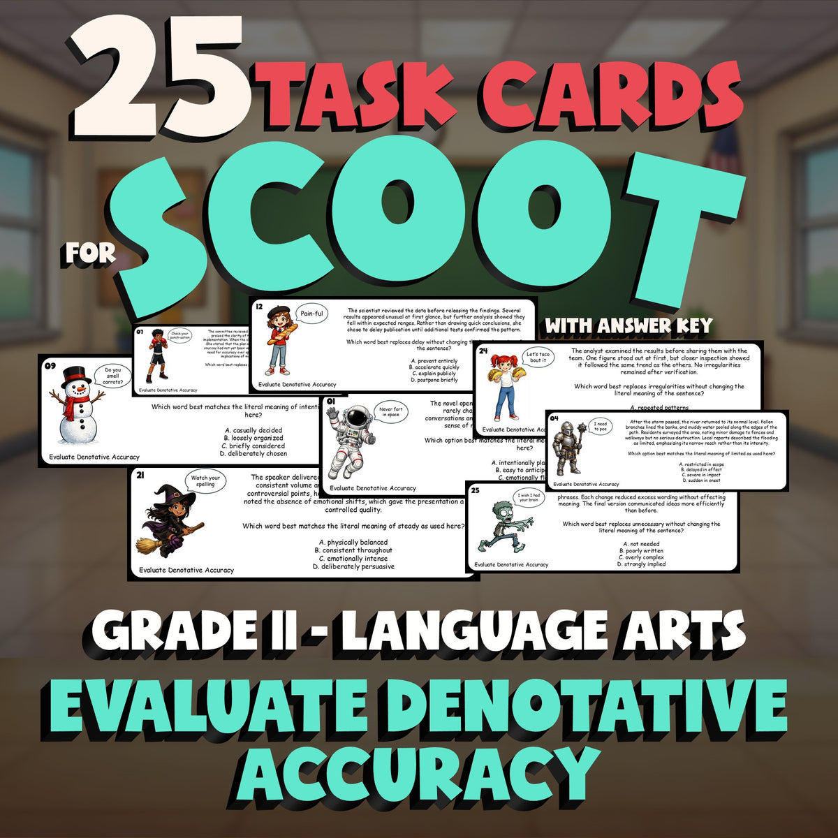 Evaluate Denotative Accuracy SCOOT TASK CARDS ELA Game - No Prep Grade 11 Review
