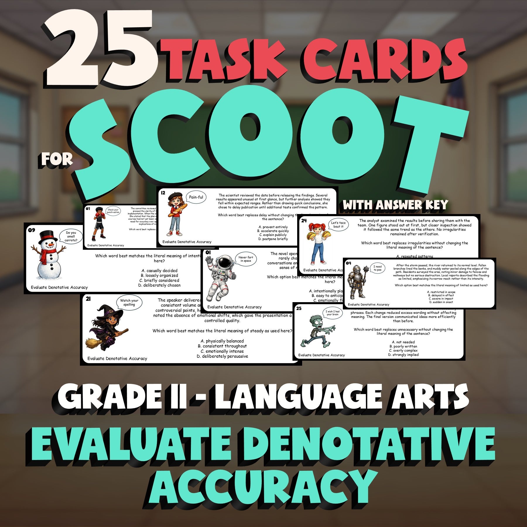 Evaluate Denotative Accuracy SCOOT TASK CARDS ELA Game - No Prep Grade 11 Review
