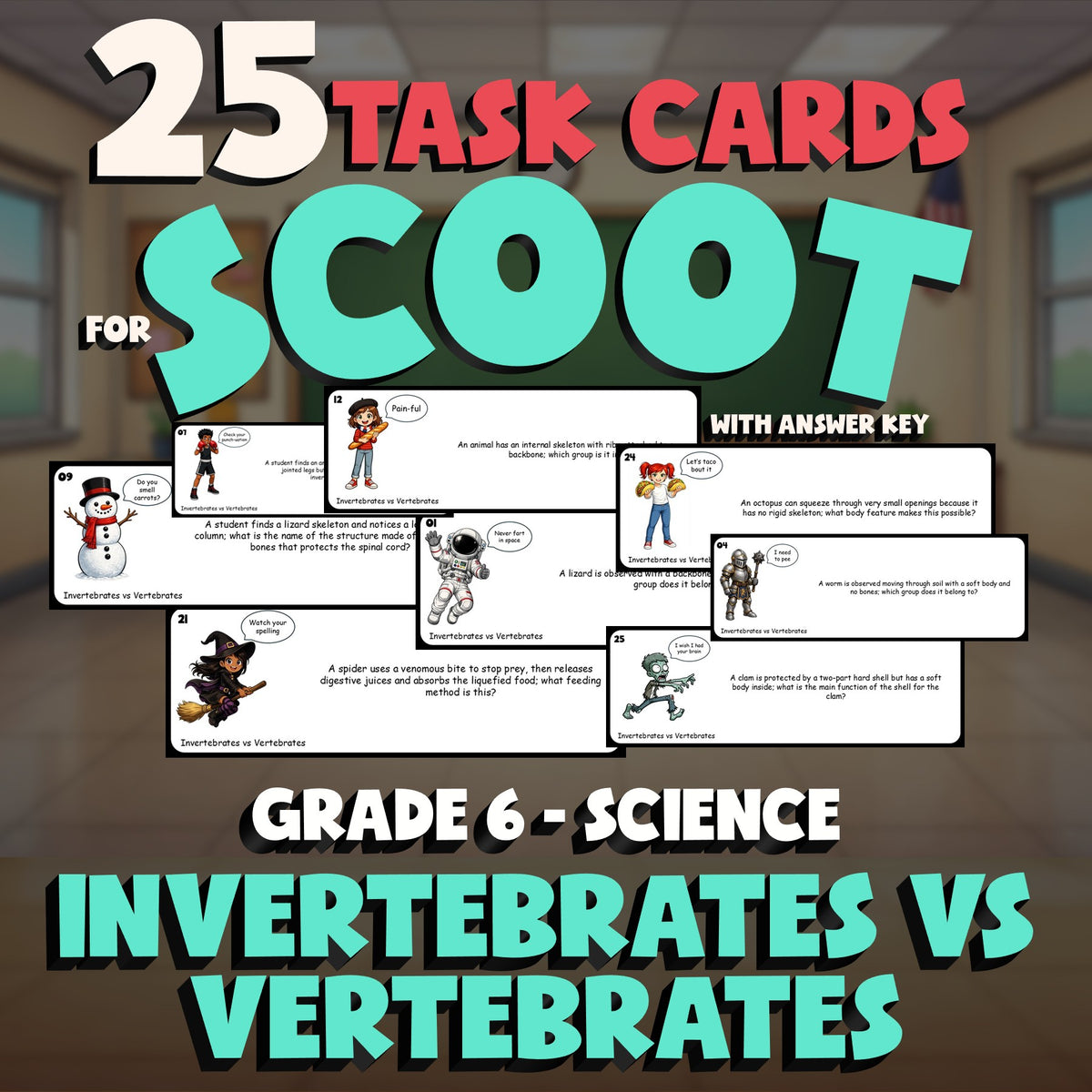Invertebrates vs Vertebrates SCOOT TASK CARDS Science Game - No Prep Grade 6