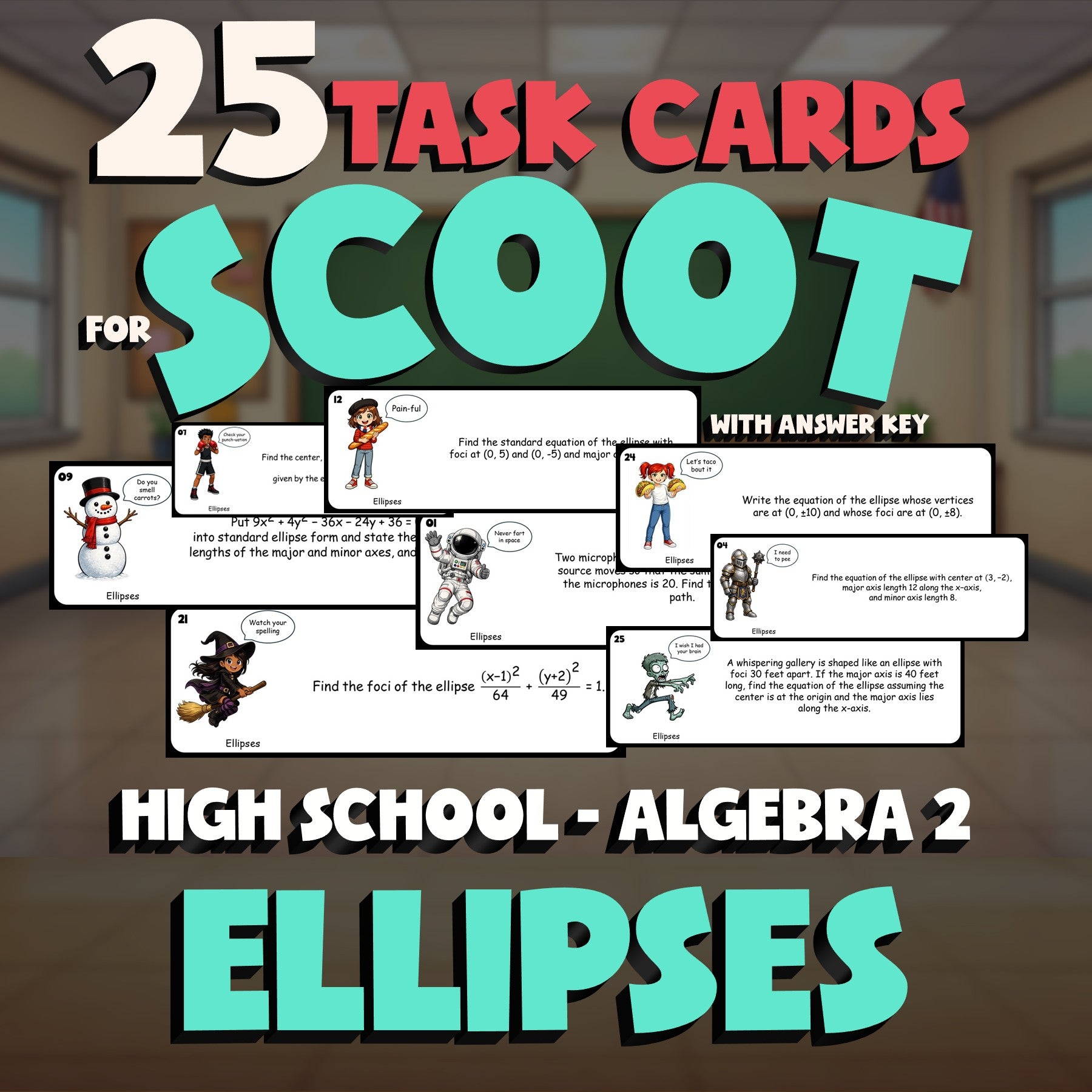 Ellipses SCOOT TASK CARDS Math Game - No Prep Algebra 2 Review Activity