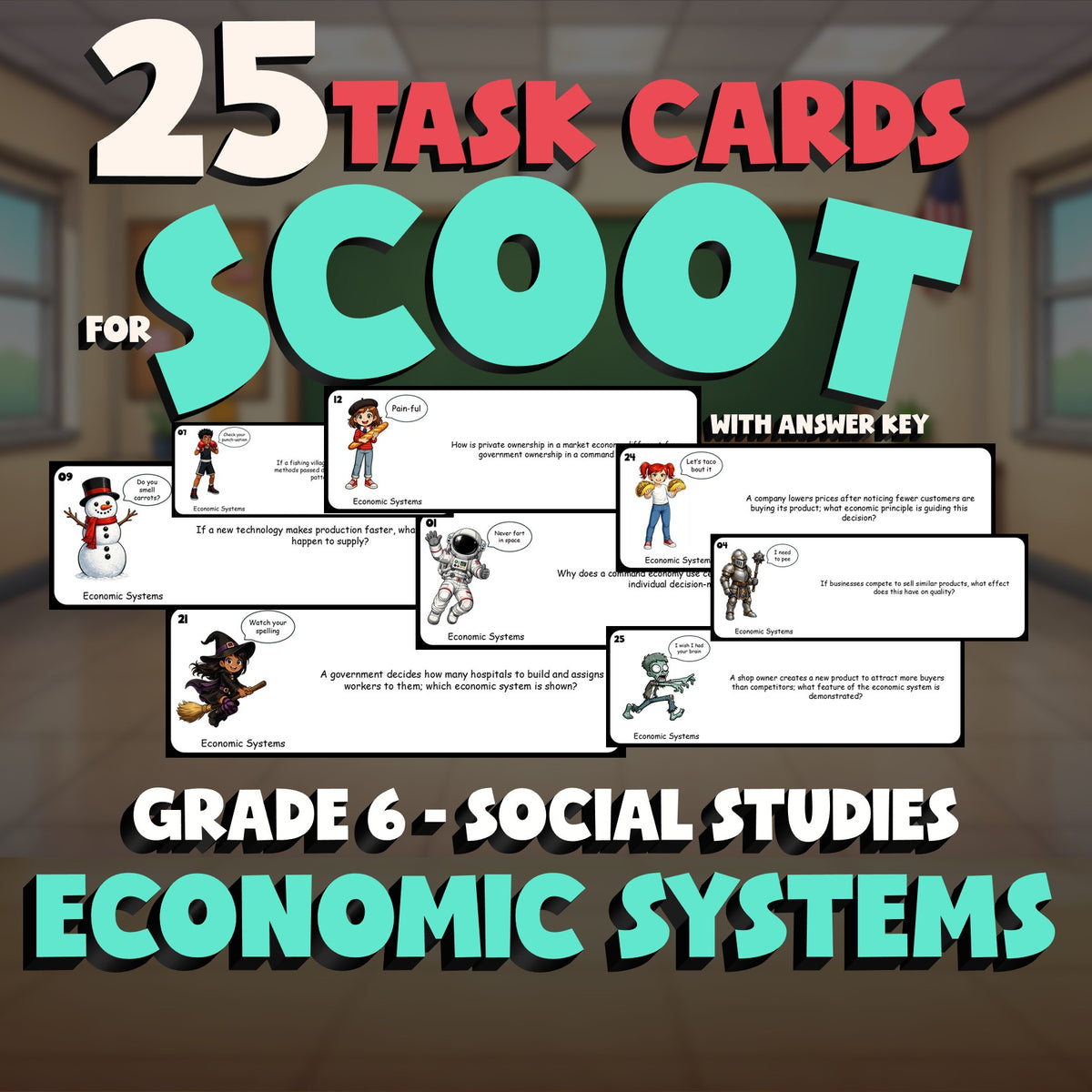 Economic Systems SCOOT TASK CARDS Socials Game - No Prep Grade 6 Review Activity