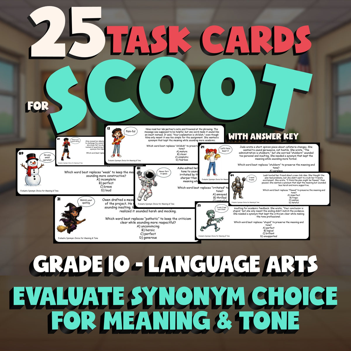 Evaluate Synonym Choice for Meaning & Tone SCOOT TASK CARDS ELA Game - Grade 10