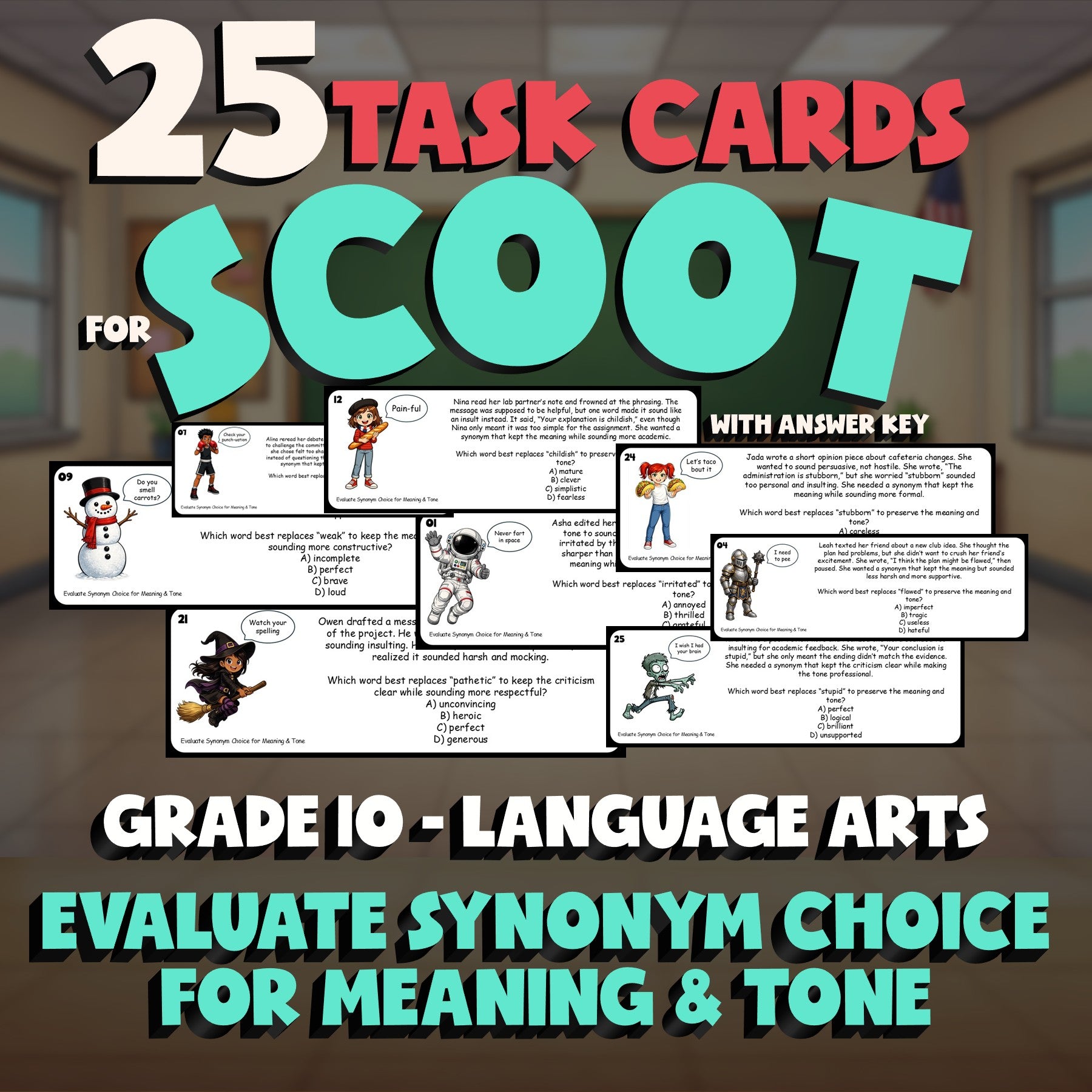 Evaluate Synonym Choice for Meaning & Tone SCOOT TASK CARDS ELA Game - Grade 10