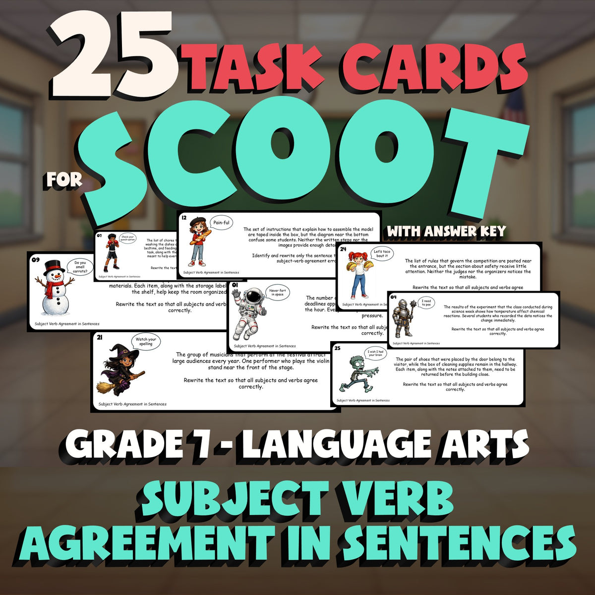Subject Verb Agreement in Sentences SCOOT TASK CARDS ELA Game - No Prep Grade 7
