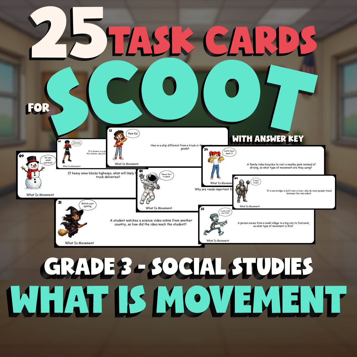 What Is Movement SCOOT TASK CARDS Socials Game - No Prep Grade 3 Review Activity