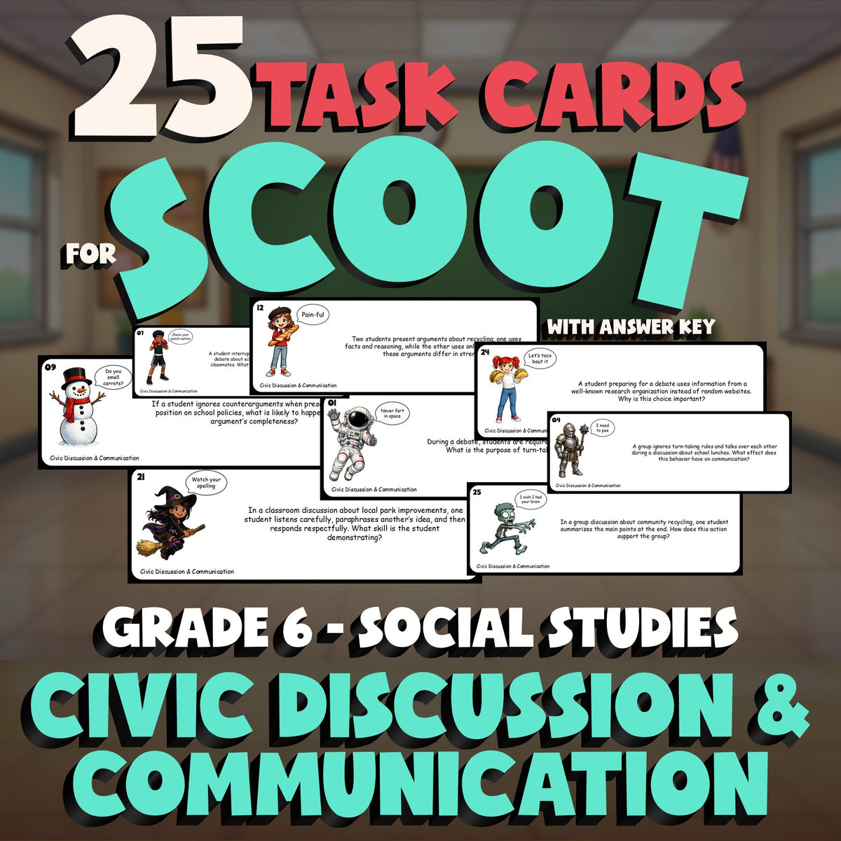 Civic Discussion & Communication SCOOT TASK CARDS Socials Game - No Prep Grade 6