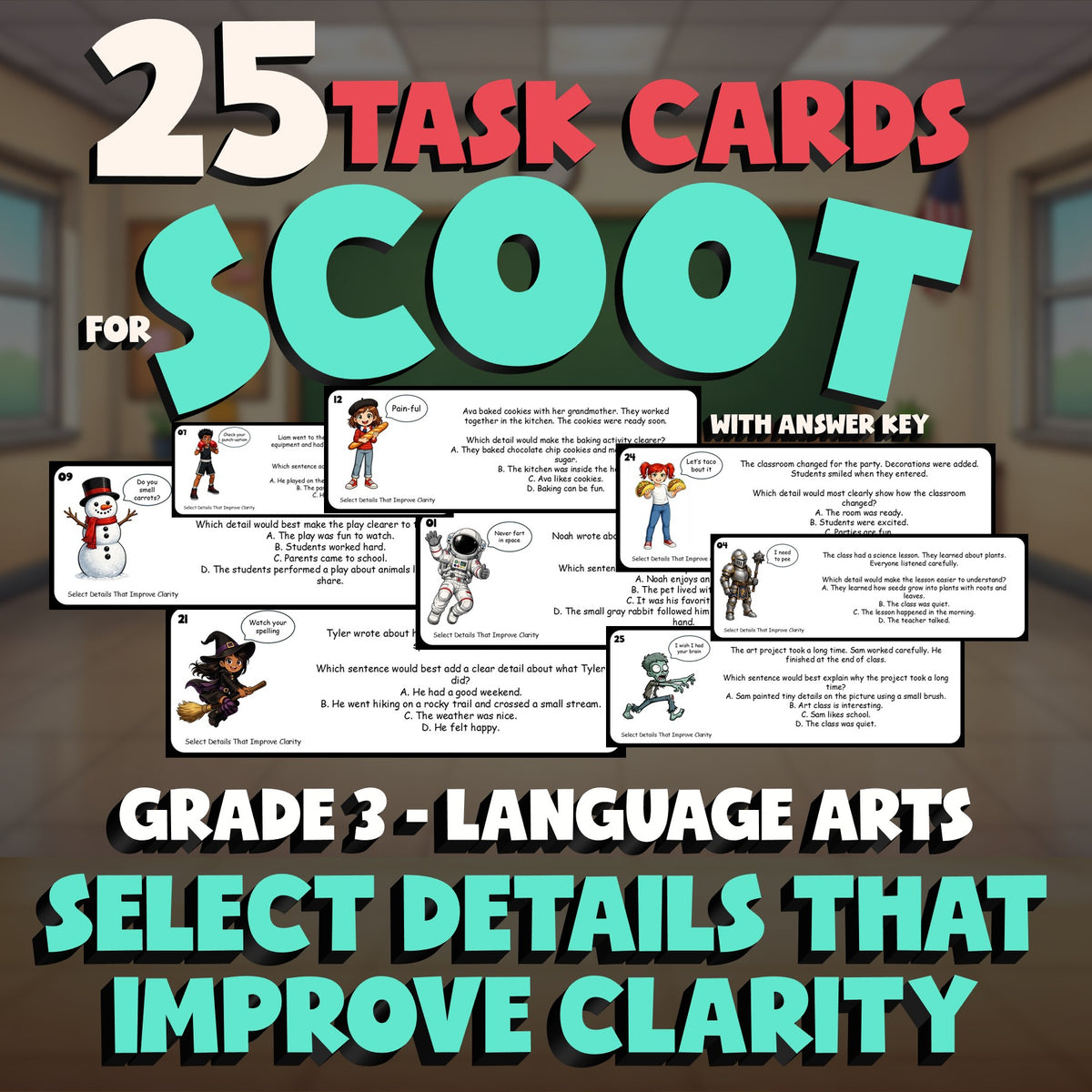 Select Details That Improve Clarity SCOOT TASK CARDS ELA Game - No Prep Grade 3