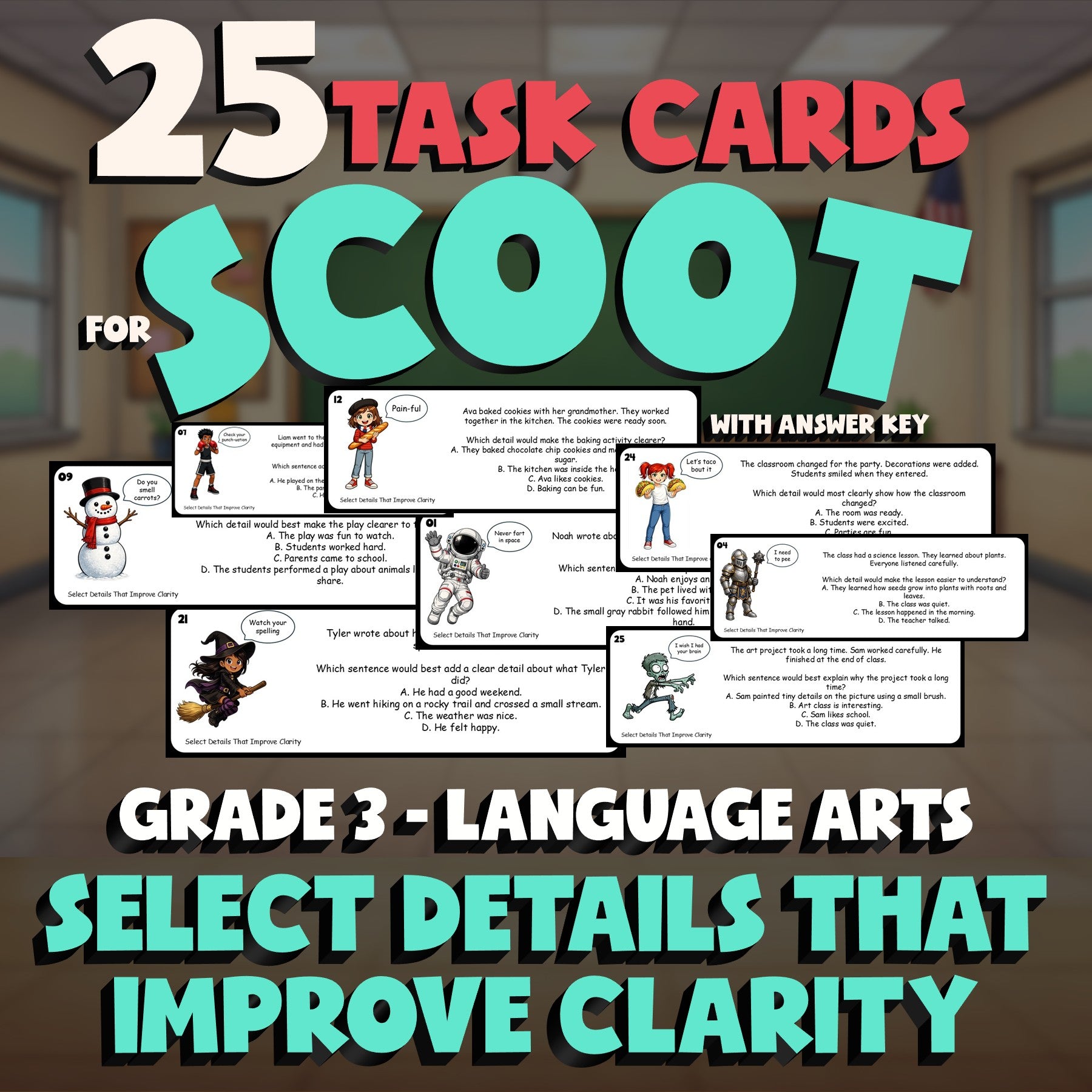 Select Details That Improve Clarity SCOOT TASK CARDS ELA Game - No Prep Grade 3