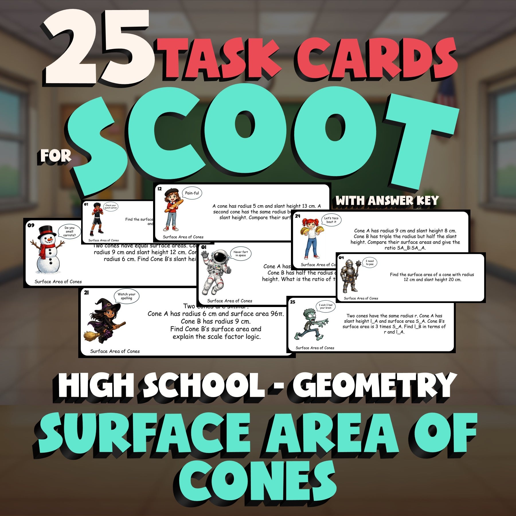 Surface Area of Cones SCOOT TASK CARDS Math Game - No Prep Geometry Review