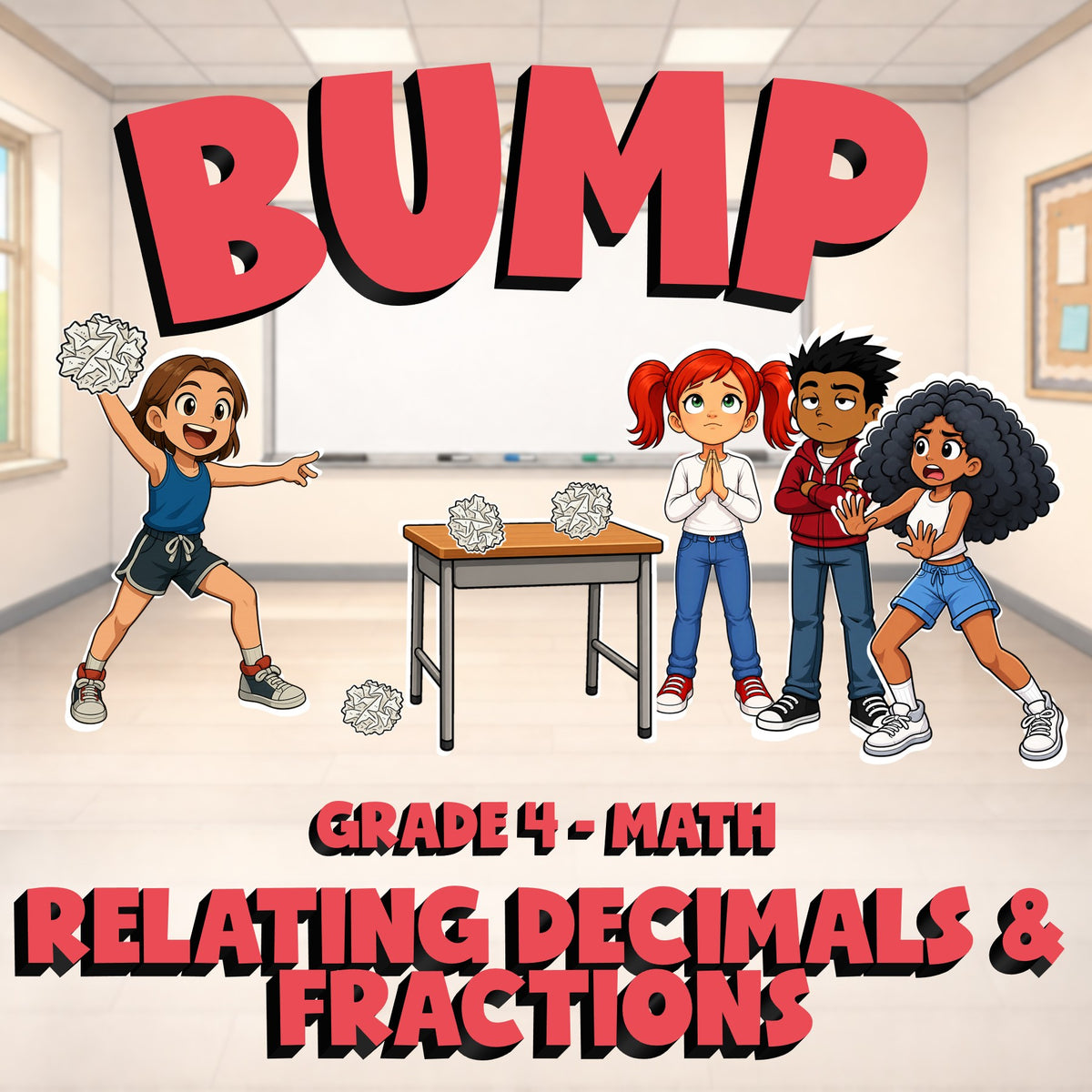 Relating Decimals & Fractions BUMP Math Game - No Prep Grade 4 Review Activity