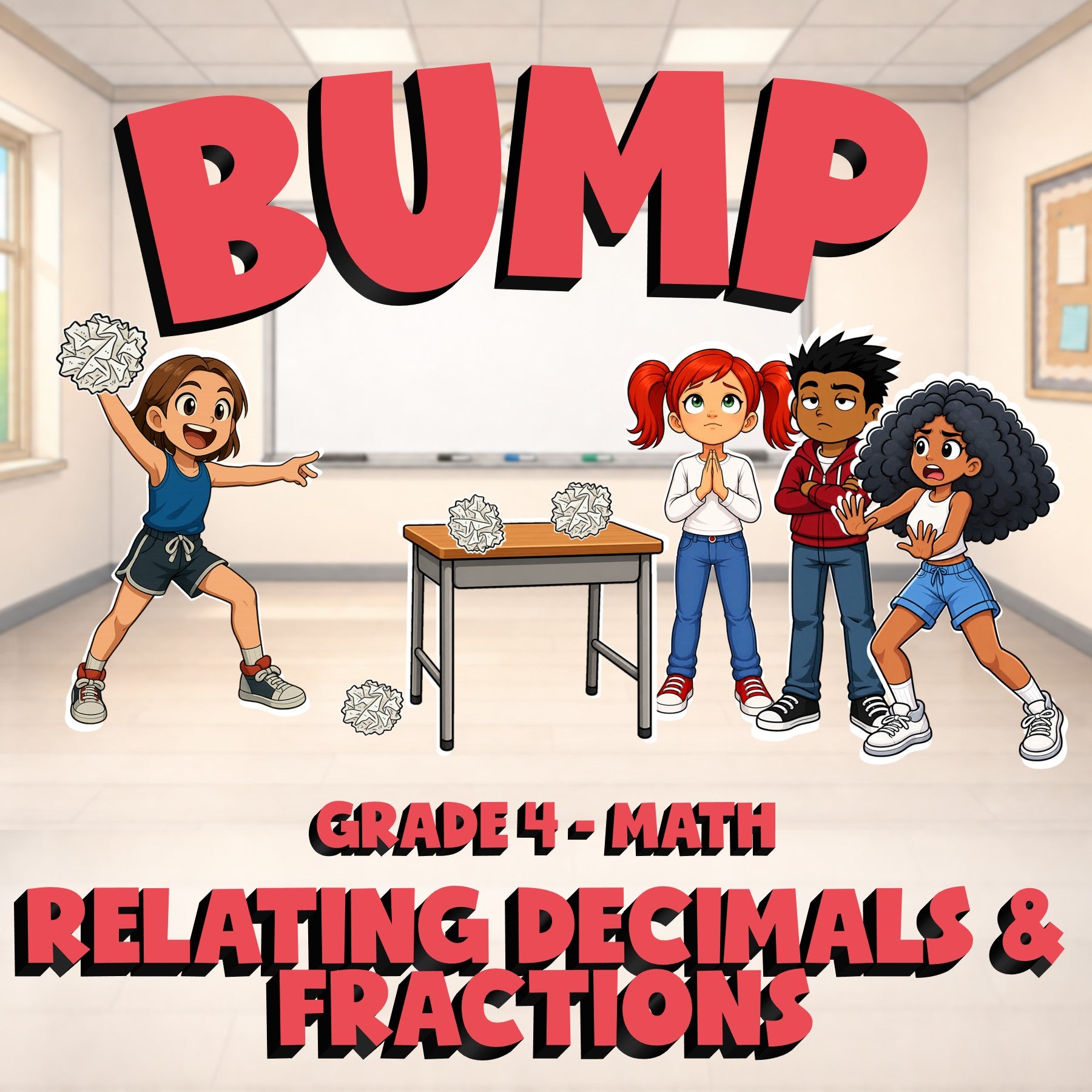 Relating Decimals & Fractions BUMP Math Game - No Prep Grade 4 Review Activity