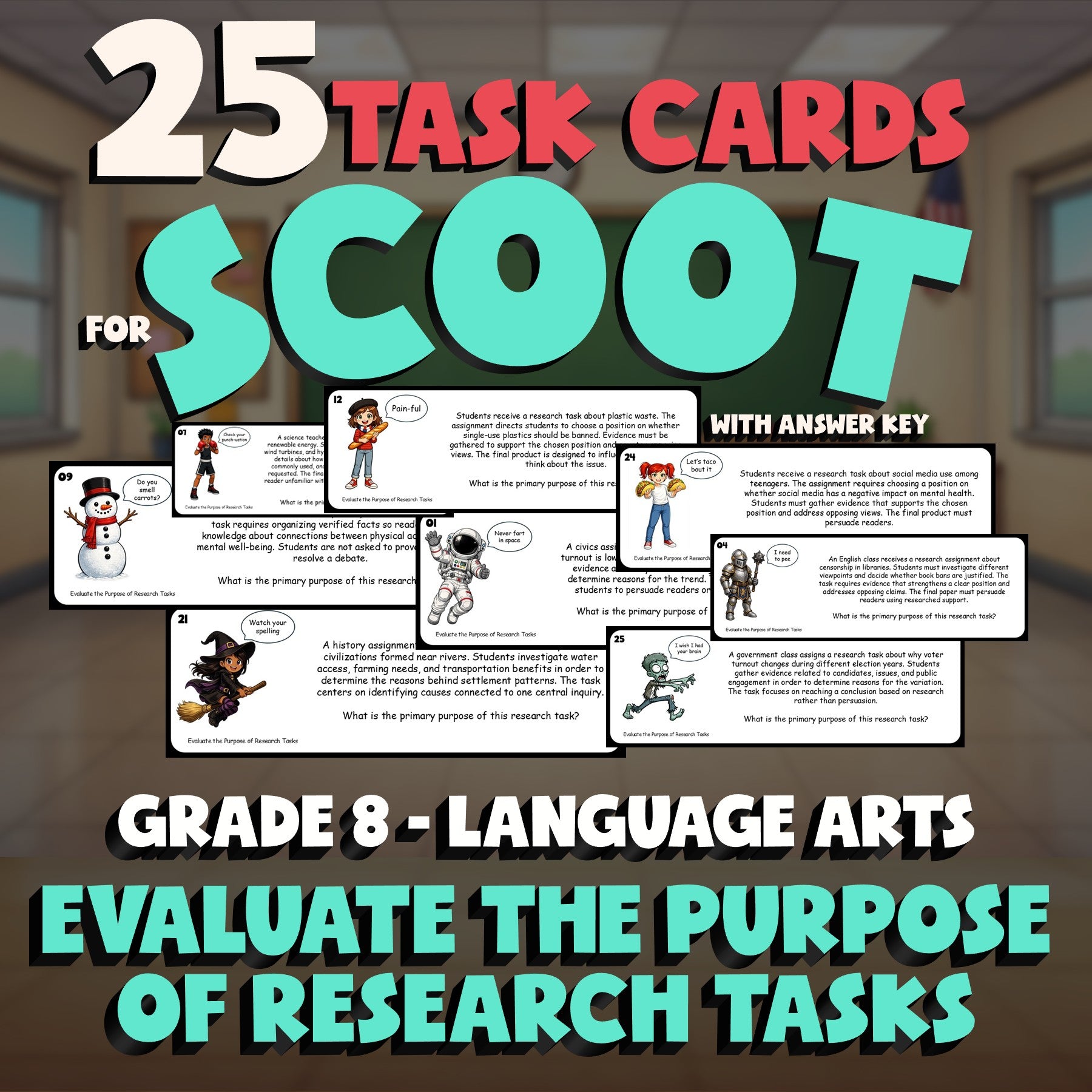 Evaluate the Purpose of Research Tasks SCOOT TASK CARDS ELA Game - Grade 8