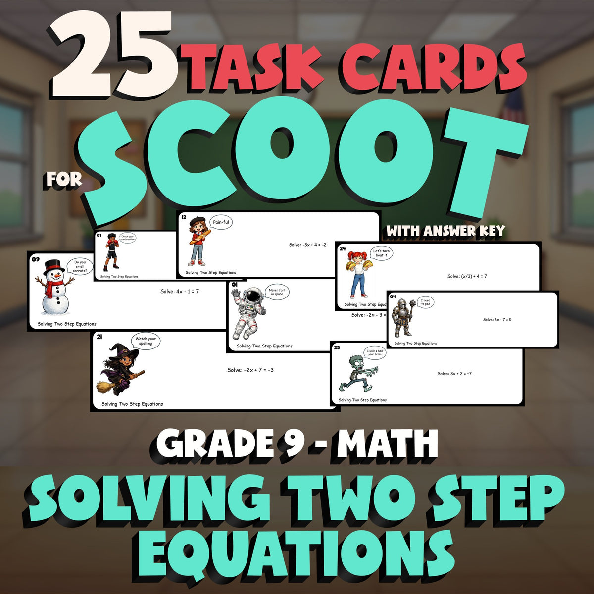 Solving Two Step Equations SCOOT TASK CARDS Math Game - No Prep Grade 9 Review