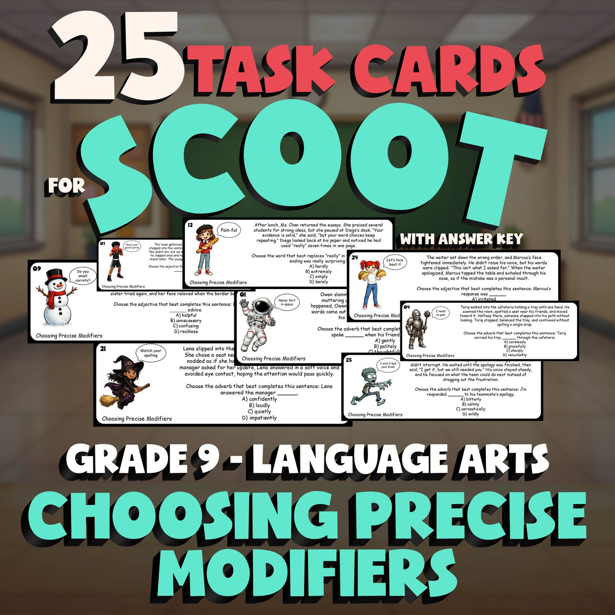 Choosing Precise Modifiers SCOOT TASK CARDS ELA Game - No Prep Grade 9 Review