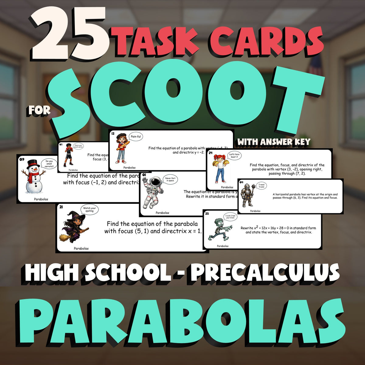 Parabolas SCOOT TASK CARDS Math Game - No Prep PreCalculus Review Activity