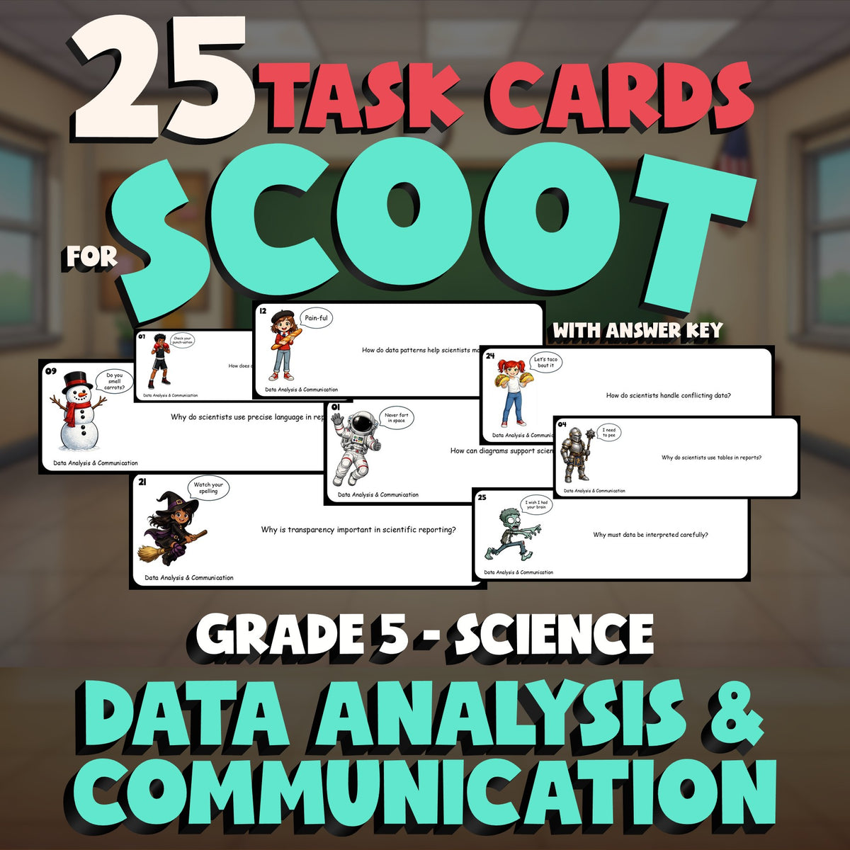 Data Analysis & Communication SCOOT TASK CARDS Science Game - No Prep Grade 5