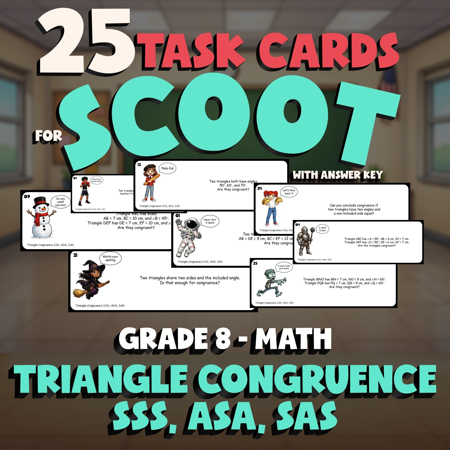 Triangle Congruence SSS, ASA, SAS SCOOT TASK CARDS Math Game - No Prep Grade 8