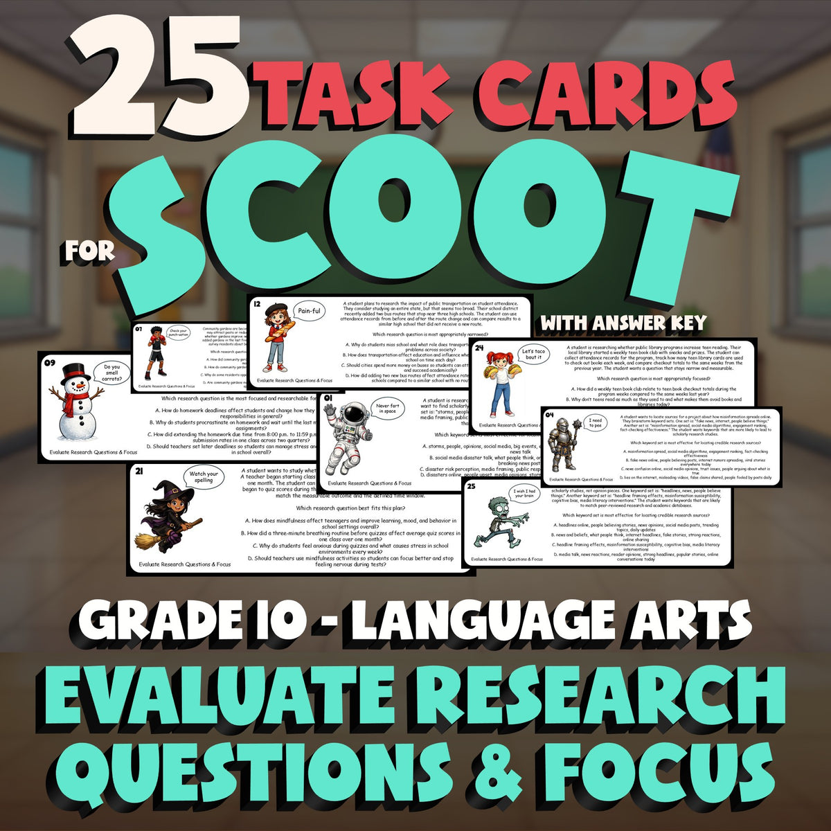 Evaluate Research Questions & Focus SCOOT TASK CARDS ELA Game - No Prep Grade 10
