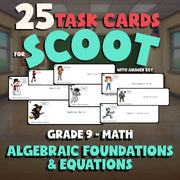 Algebraic Foundations & Equations SCOOT TASK CARDS Math Game - No Prep Grade 9