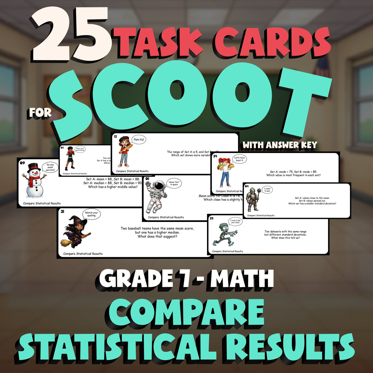 Compare Statistical Results SCOOT TASK CARDS Math Game - No Prep Grade 7 Review