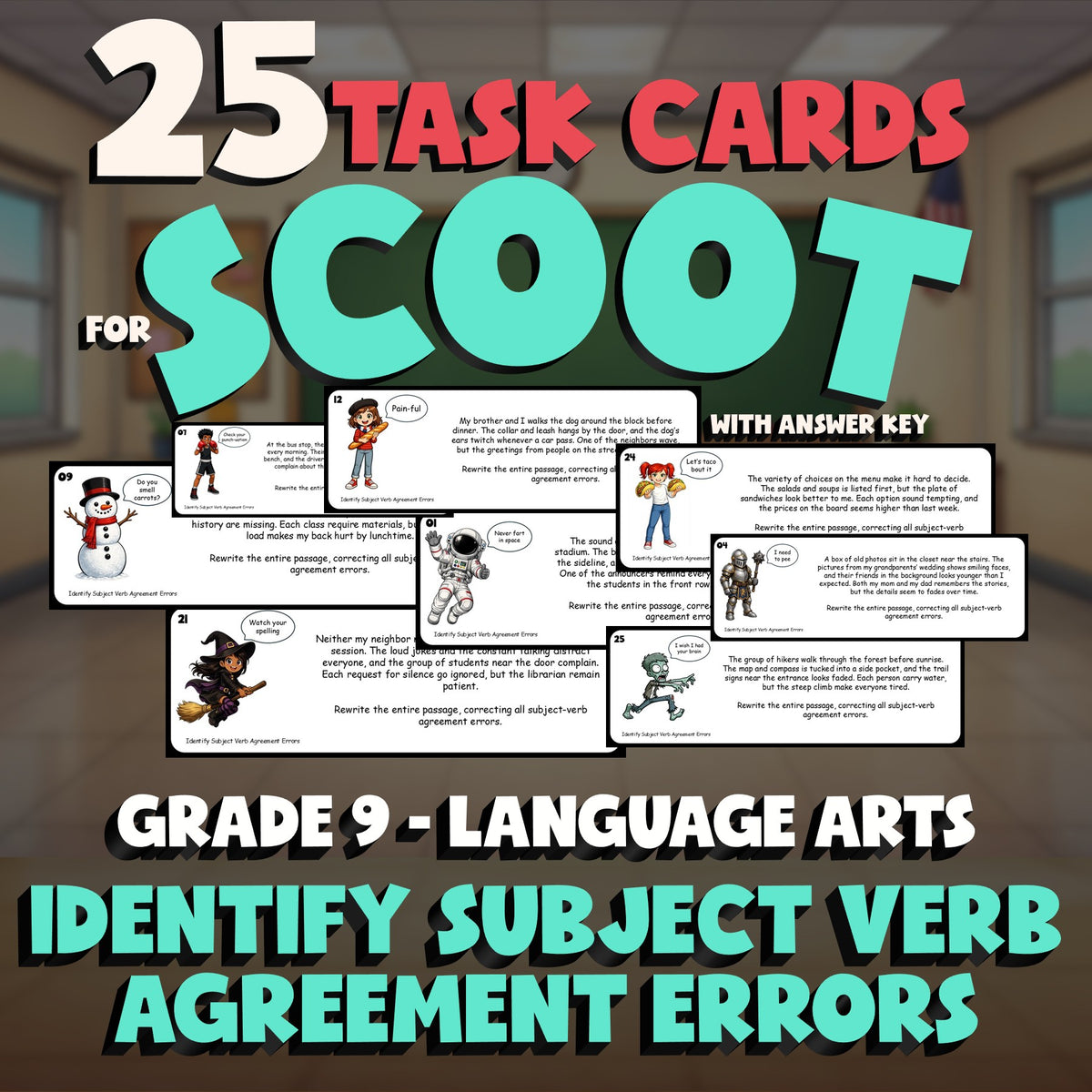 Identify Subject Verb Agreement Errors SCOOT TASK CARDS ELA Game - Grade 9