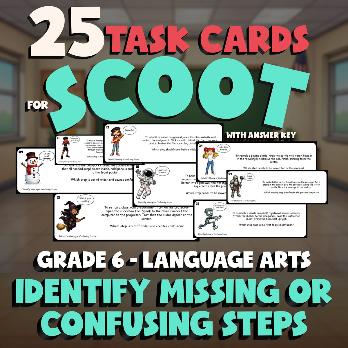 Identify Missing or Confusing Steps SCOOT TASK CARDS ELA Game - No Prep Grade 6