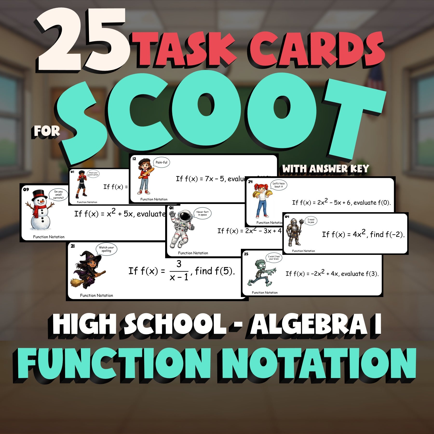 Function Notation SCOOT TASK CARDS Math Game - No Prep Algebra 1 Review Activity