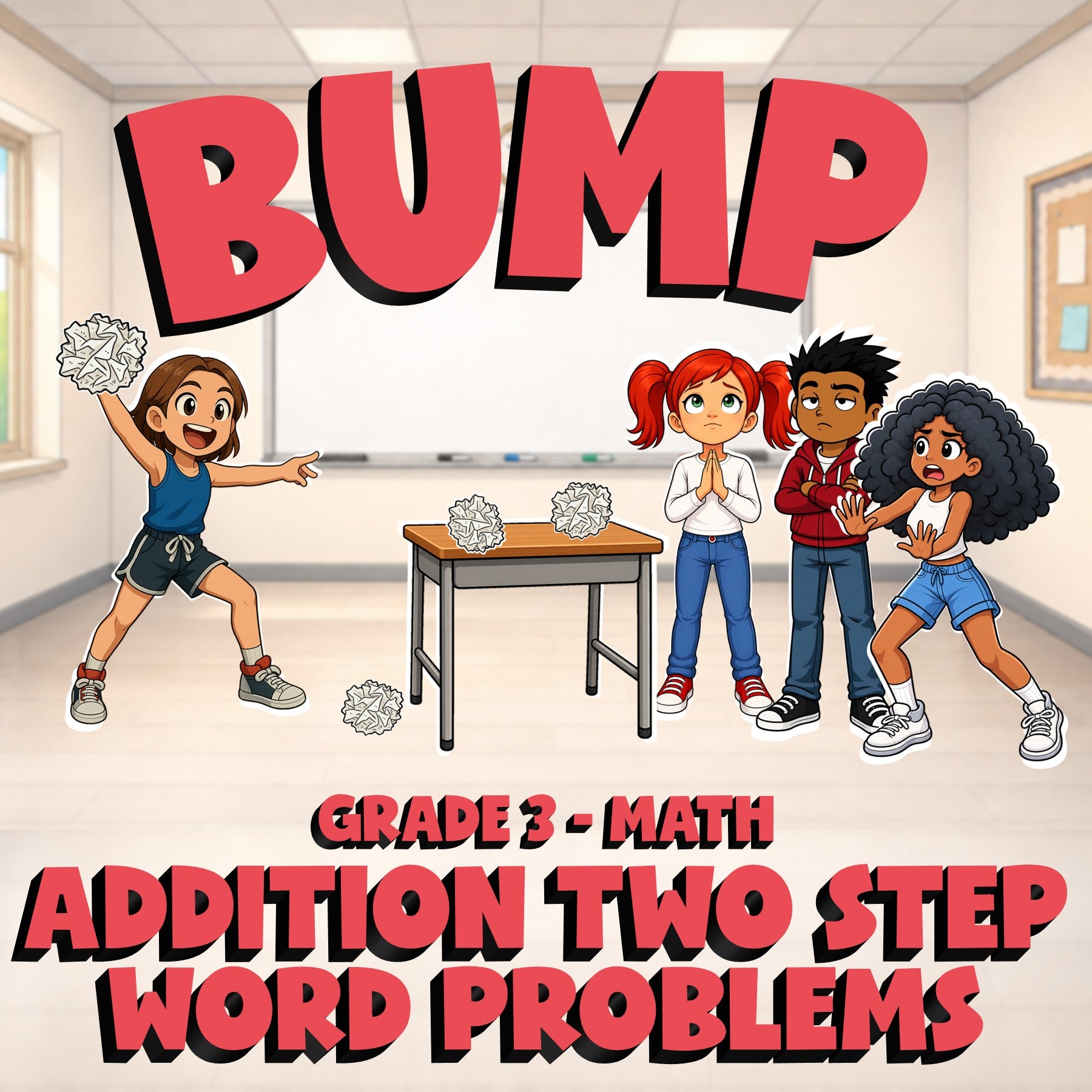 Addition Two Step Word Problems BUMP Math Game - No Prep Grade 3 Review Activity