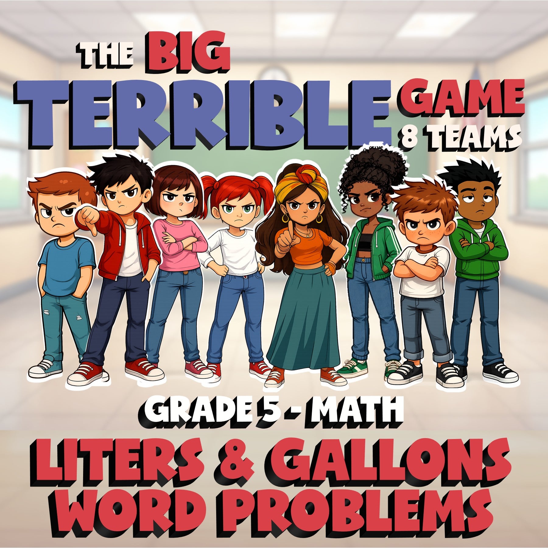 Liters & Gallons Word Problems BIG TERRIBLE GAME - No Prep Grade 5 Math Review