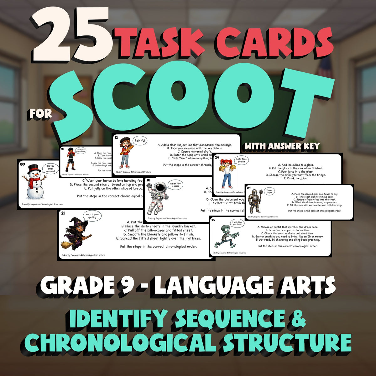 Identify Sequence & Chronological Structure SCOOT TASK CARDS ELA Game - Grade 9