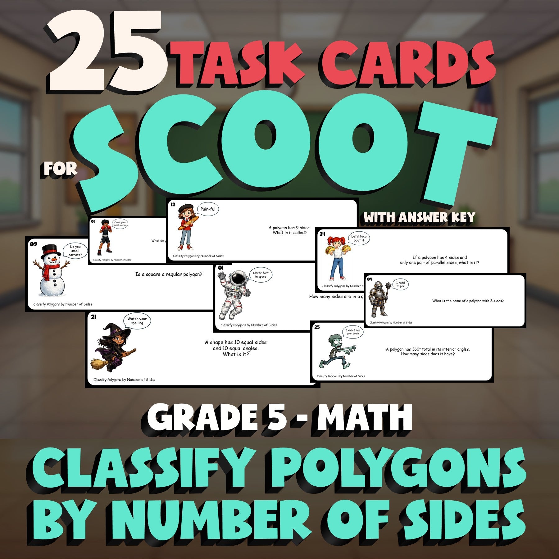 Classify Polygons by Number of Sides SCOOT TASK CARDS Math Game - Grade 5