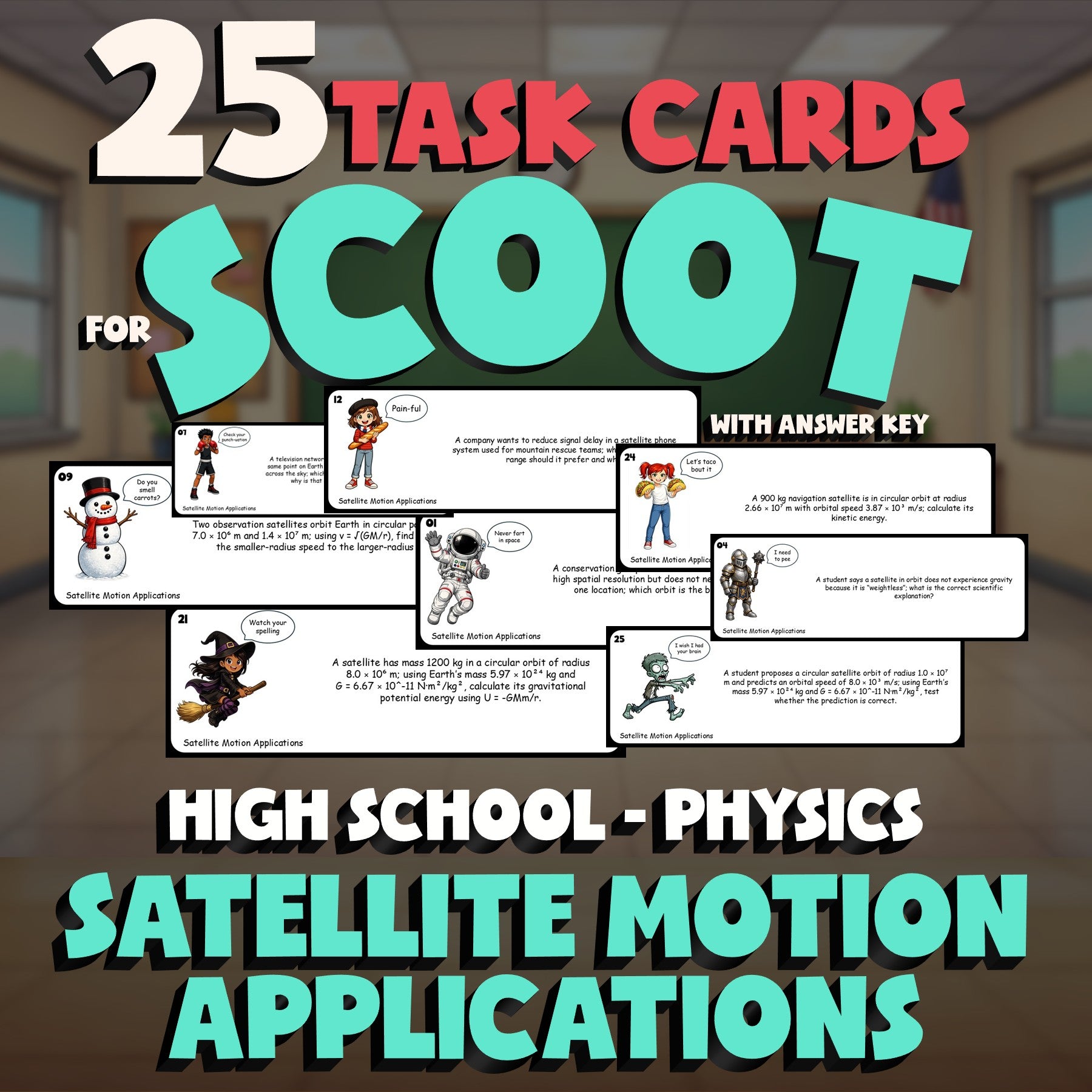 Satellite Motion Applications SCOOT TASK CARDS Science Game - No Prep Physics