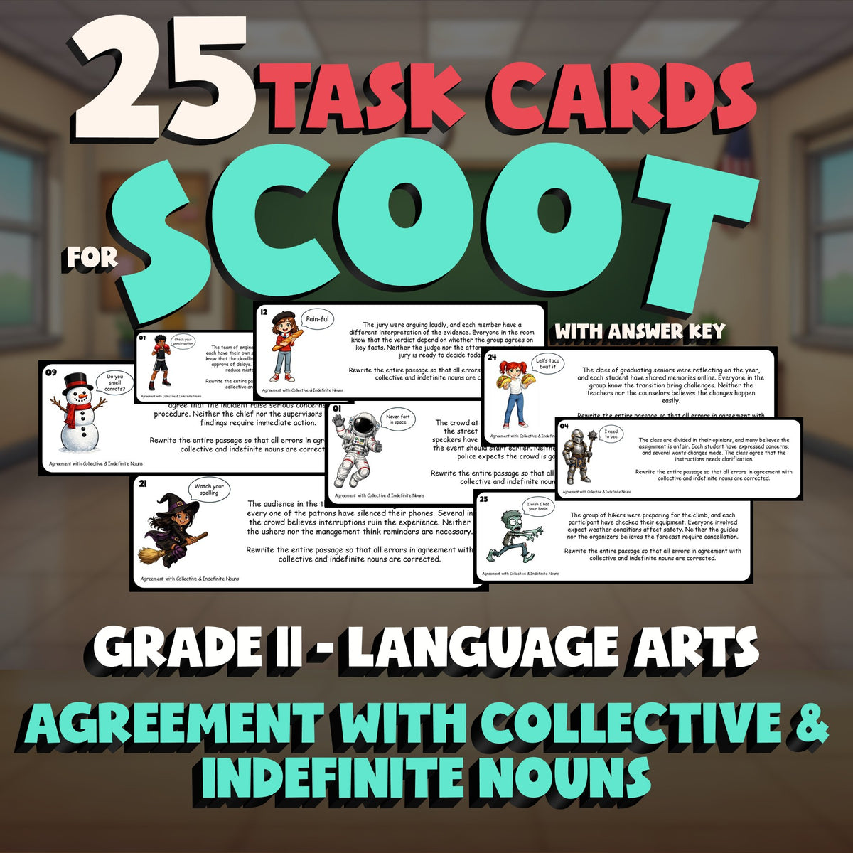 Agreement with Collective & Indefinite Nouns SCOOT TASK CARDS ELA Game Grade 11