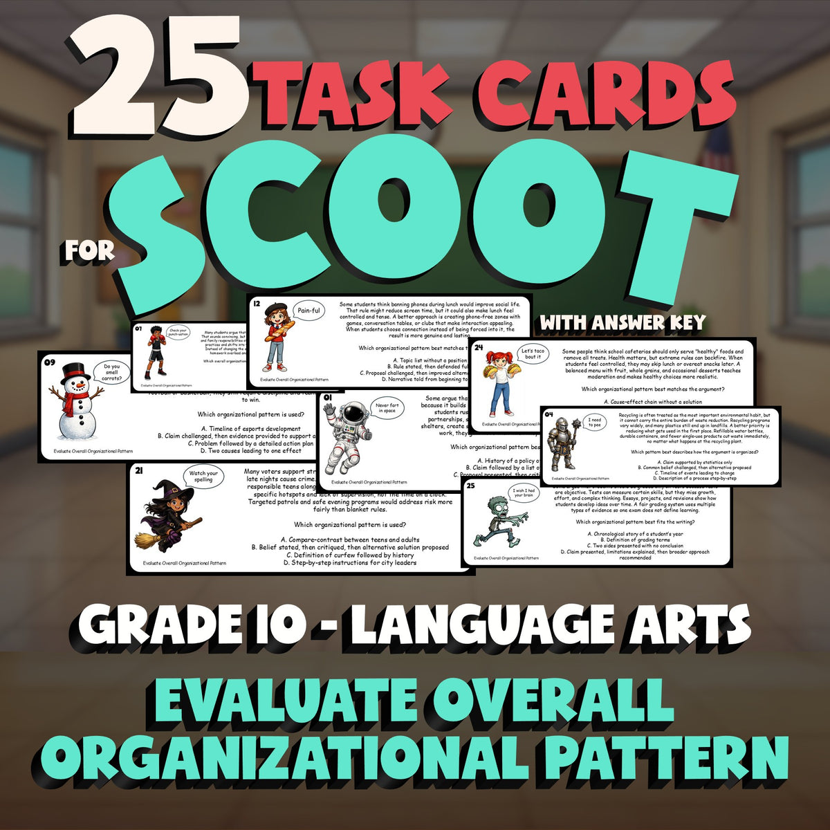 Evaluate Overall Organizational Pattern SCOOT TASK CARDS ELA Game - Grade 10
