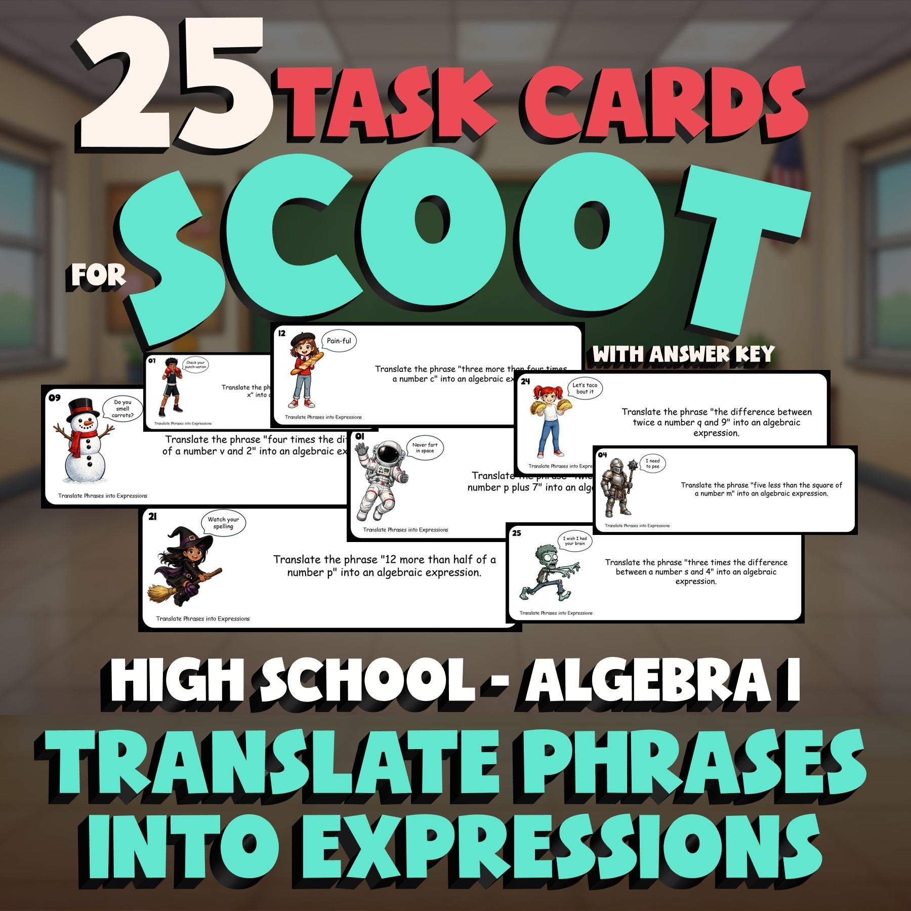 Translate Phrases into Expressions SCOOT TASK CARDS Math Game - Algebra 1
