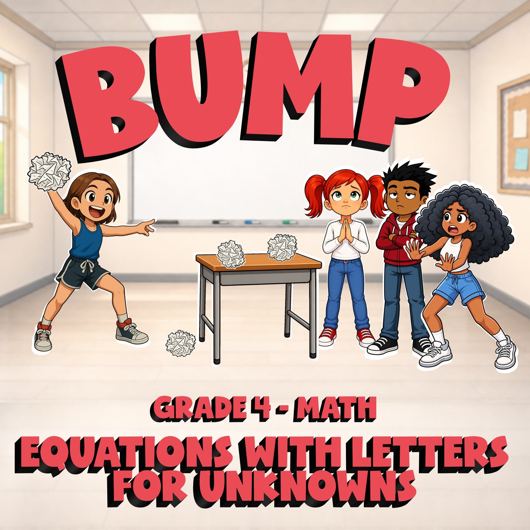 Equations with Letters for Unknowns BUMP Math Game - No Prep Grade 4 Review