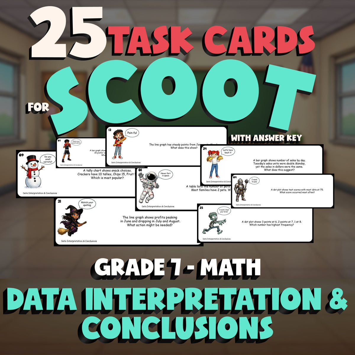 Data Interpretation & Conclusions SCOOT TASK CARDS Math Game - No Prep Grade 7