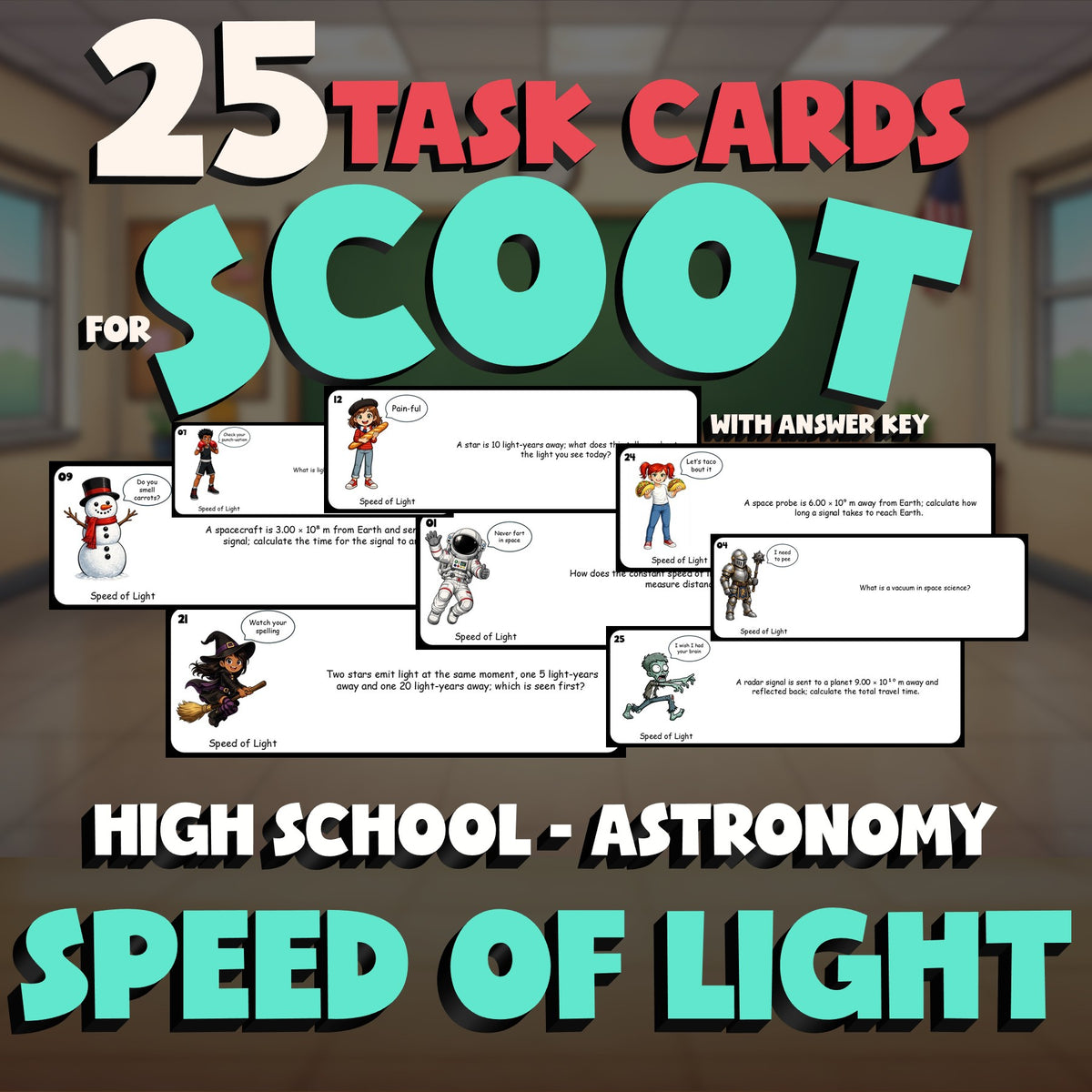 Speed of Light SCOOT TASK CARDS Science Game - No Prep Astronomy Review Activity