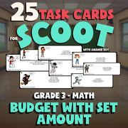 Budget with Set Amount SCOOT TASK CARDS Math Game - No Prep Grade 3 Review