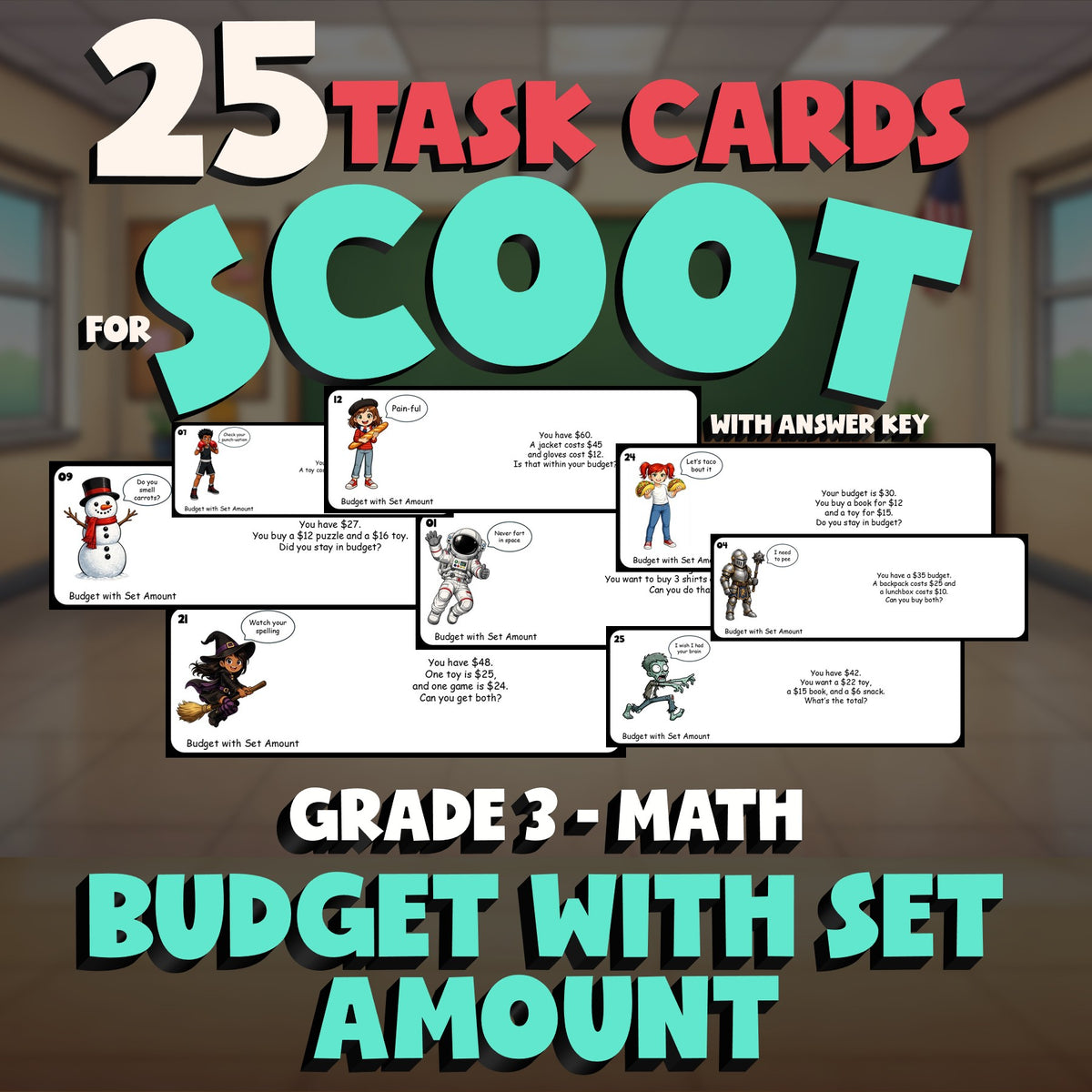 Budget with Set Amount SCOOT TASK CARDS Math Game - No Prep Grade 3 Review