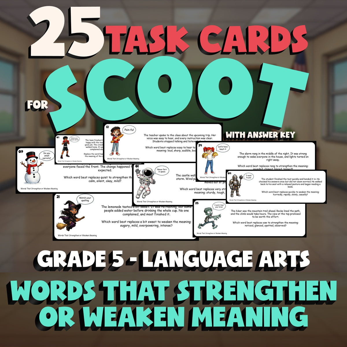 Words That Strengthen or Weaken Meaning SCOOT TASK CARDS ELA Game - Grade 5