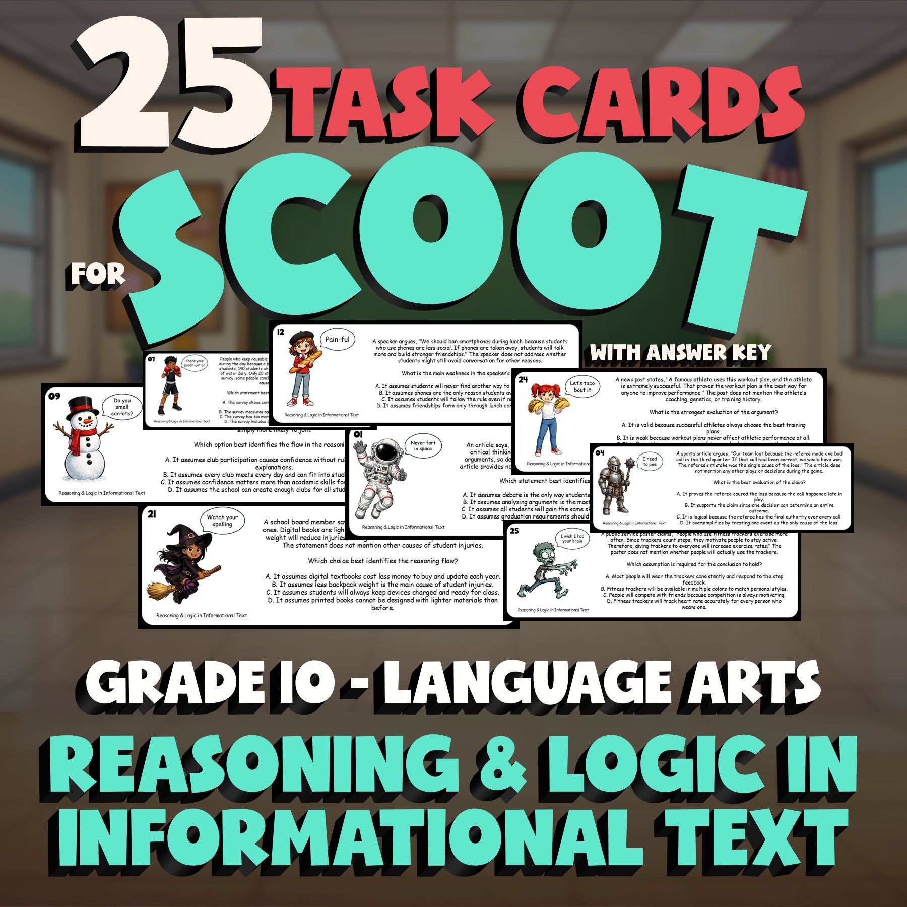 Reasoning & Logic in Informational Text SCOOT TASK CARDS ELA Game - Grade 10