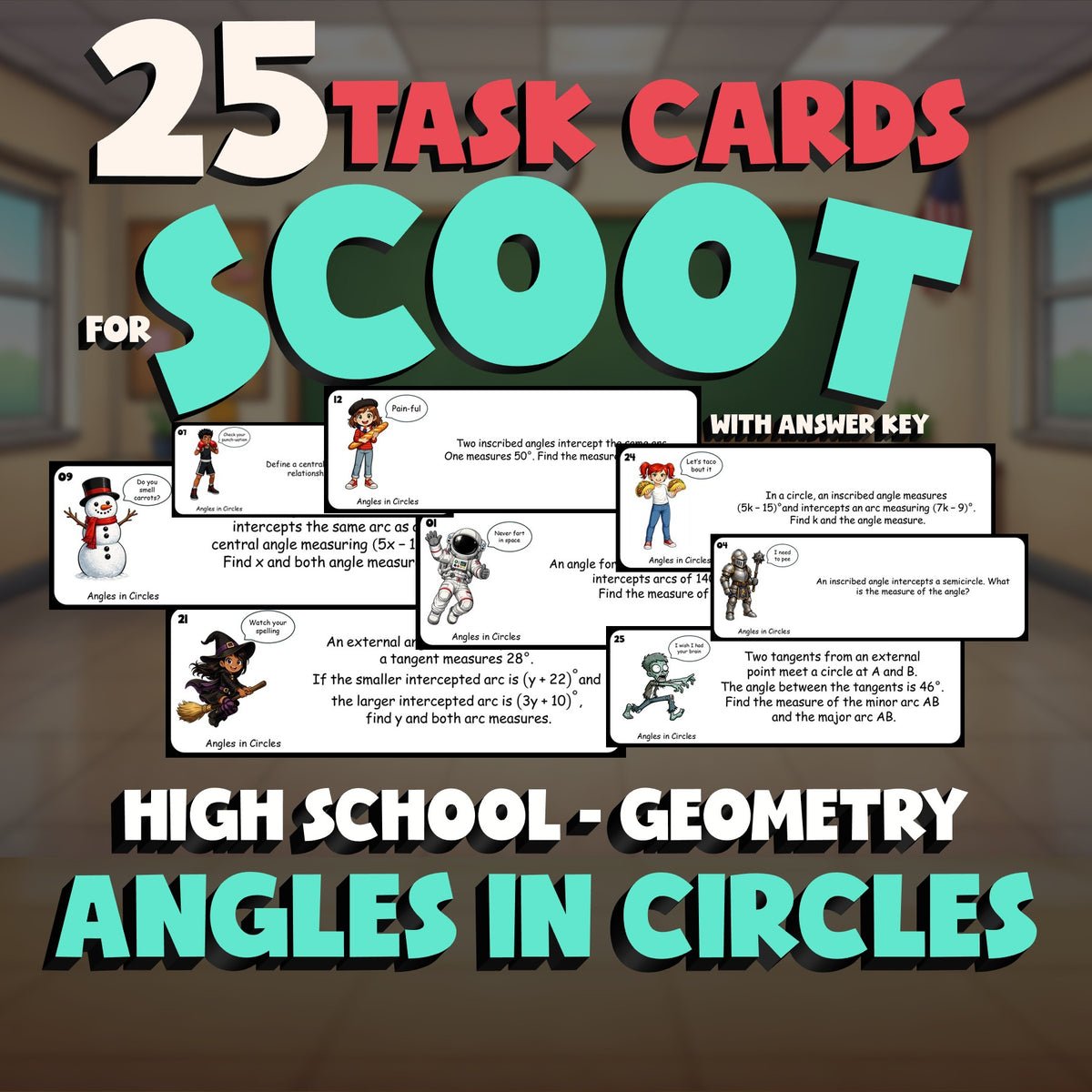 Angles in Circles SCOOT TASK CARDS Math Game - No Prep Geometry Review Activity